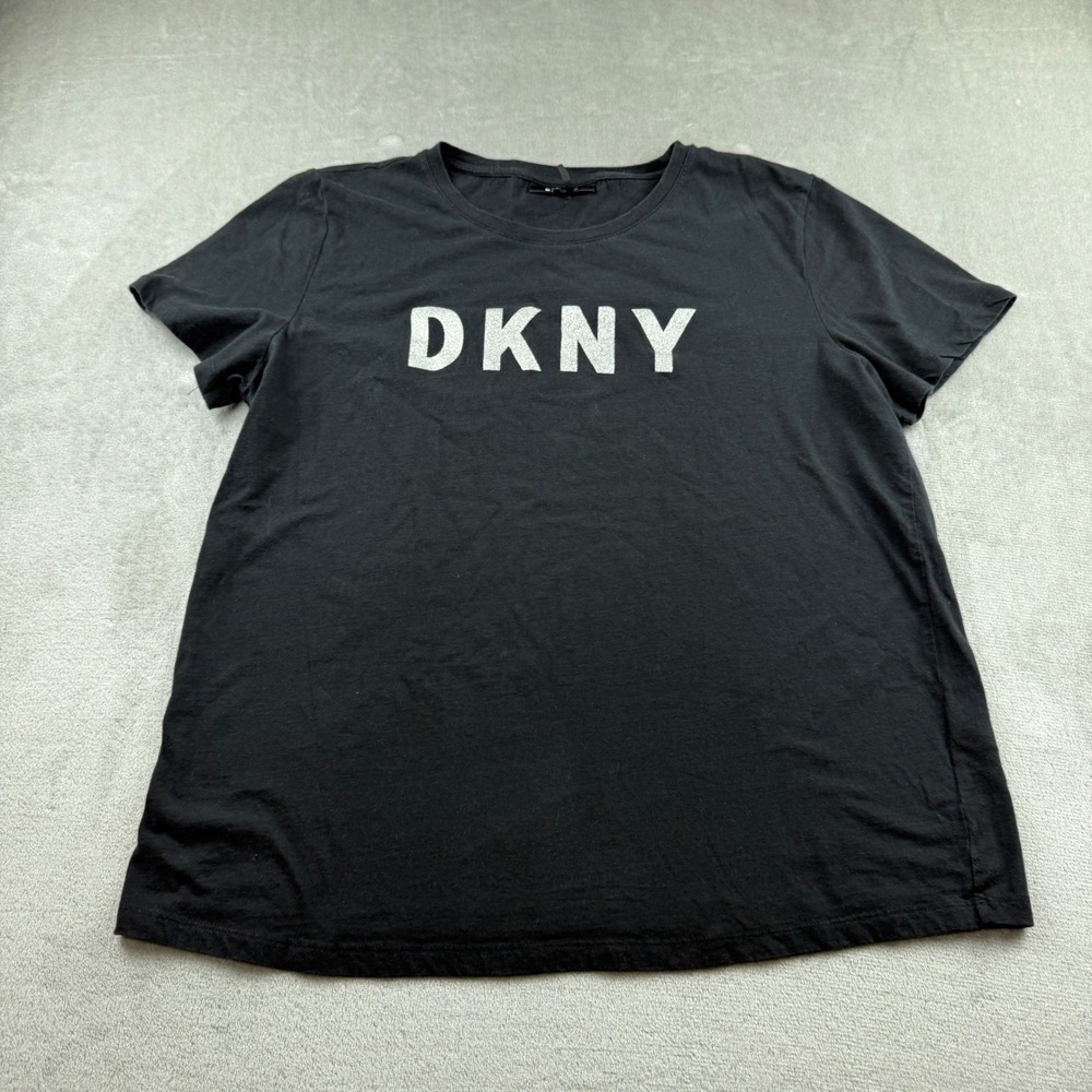 DKNY T-Shirt Women's XL Black Silver Glitter Logo Short Sleeve Crewneck Tee
